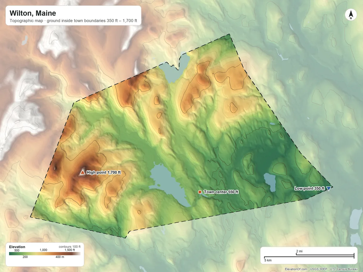 Topographic elevation map of Wilton, Maine, shaded from 350 ft on the east side to 1,700 ft on Law Mountain
