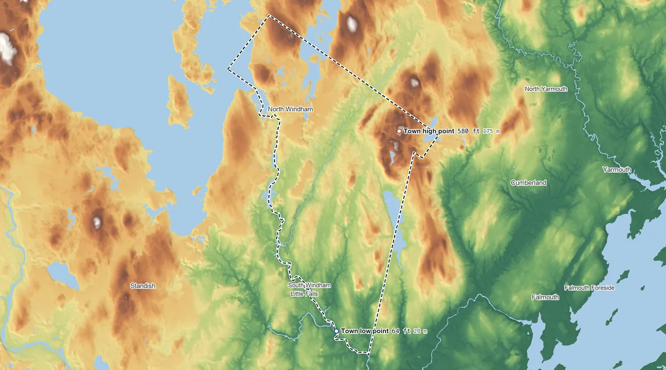 Topographic elevation map of Windham, Maine, shaded from 64 ft on the south side to 580 ft on Atherton Hill