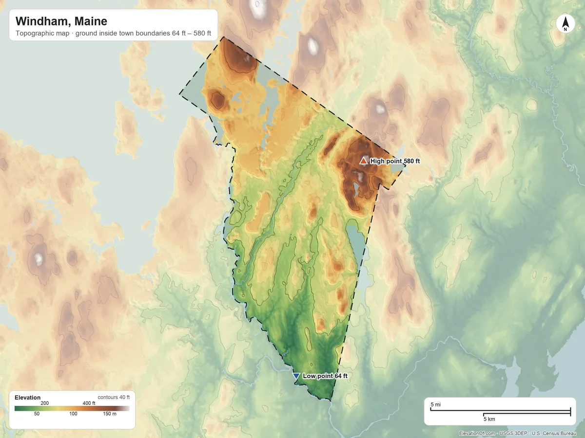 Topographic elevation map of Windham, Maine, shaded from 64 ft on the south side to 580 ft on Atherton Hill