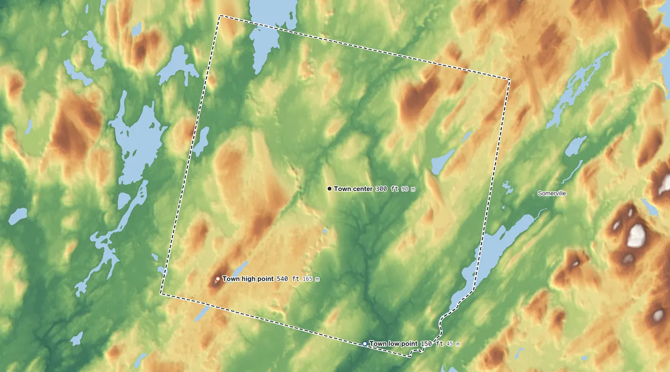 Topographic elevation map of Windsor, Maine, shaded from 150 ft on the south side to 540 ft on Givens Hill
