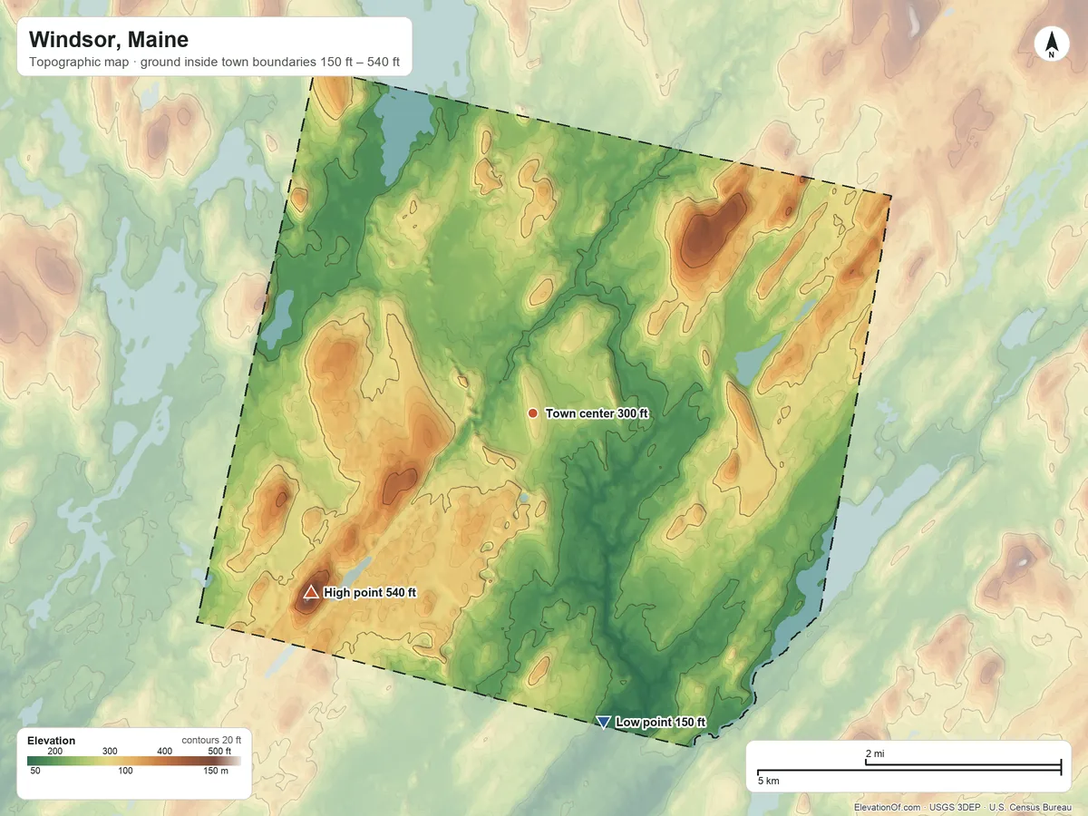Topographic elevation map of Windsor, Maine, shaded from 150 ft on the south side to 540 ft on Givens Hill