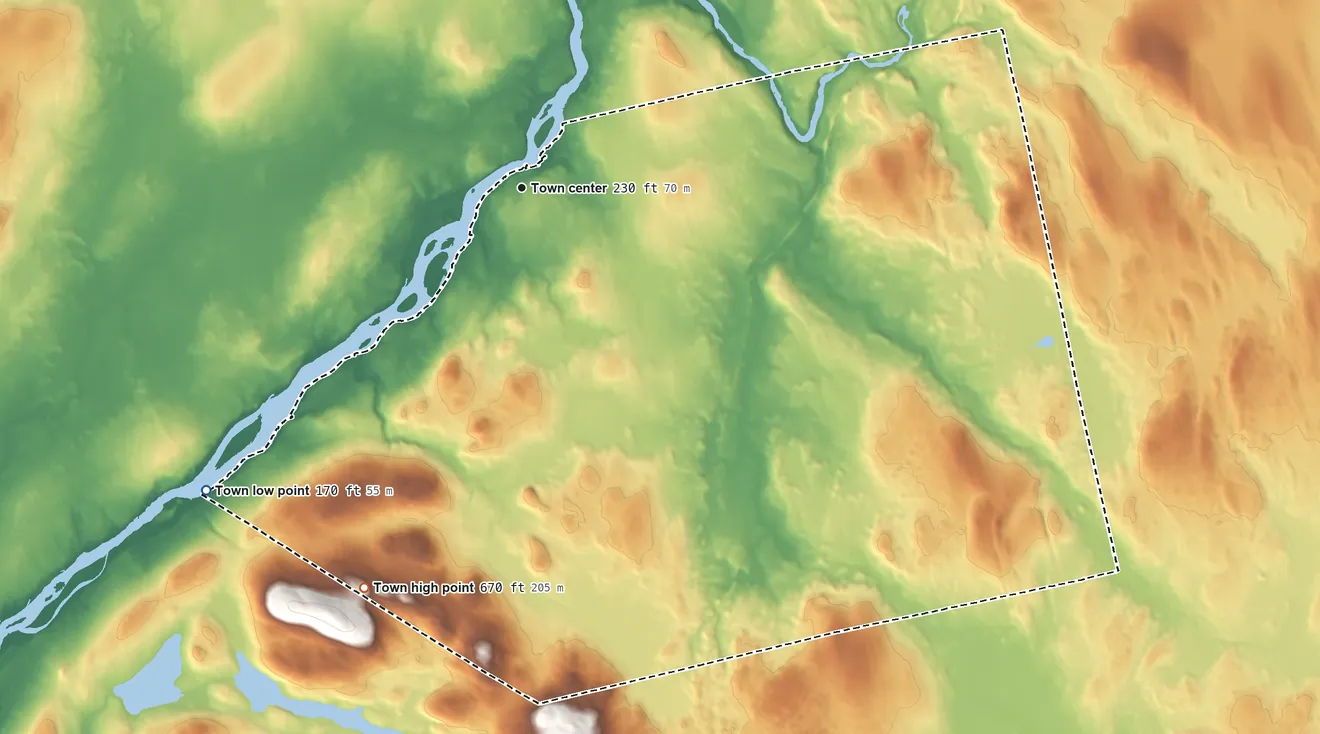 Topographic elevation map of Winn, Maine, shaded from 170 ft on the southwest side to 670 ft on the south side