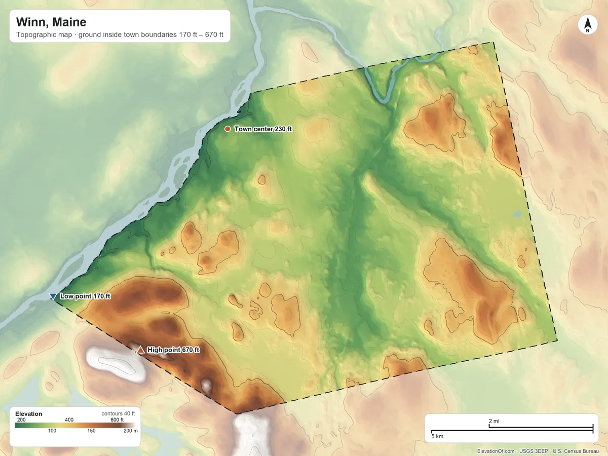 Topographic elevation map of Winn, Maine, shaded from 170 ft on the southwest side to 670 ft on the south side