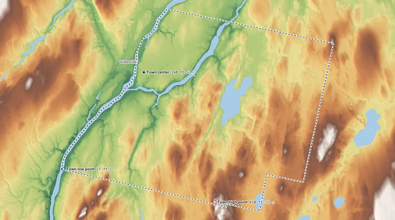 Topographic elevation map of Winslow, Maine, shaded from 27 ft on the southwest side to 450 ft on the southeast side