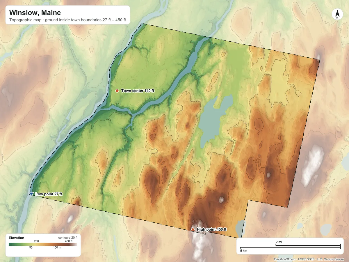Topographic elevation map of Winslow, Maine, shaded from 27 ft on the southwest side to 450 ft on the southeast side
