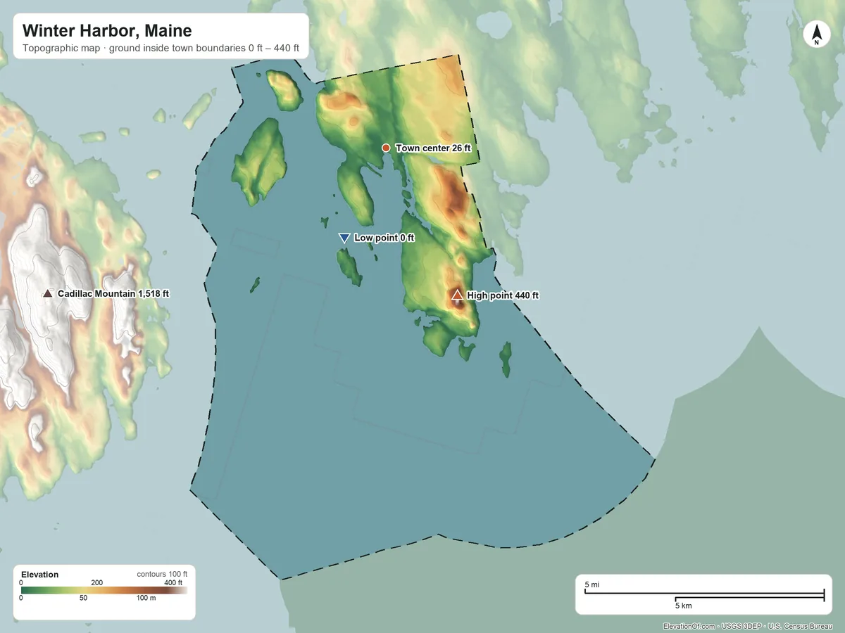 Topographic elevation map of Winter Harbor, Maine, shaded from 0 ft on the southwest side to 440 ft on Schoodic Head