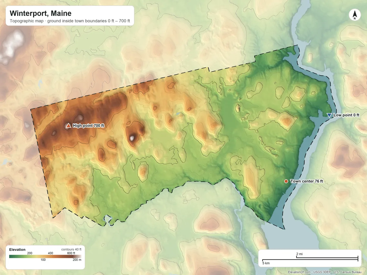 Topographic elevation map of Winterport, Maine, shaded from 0 ft on the northeast side to 700 ft on the west side