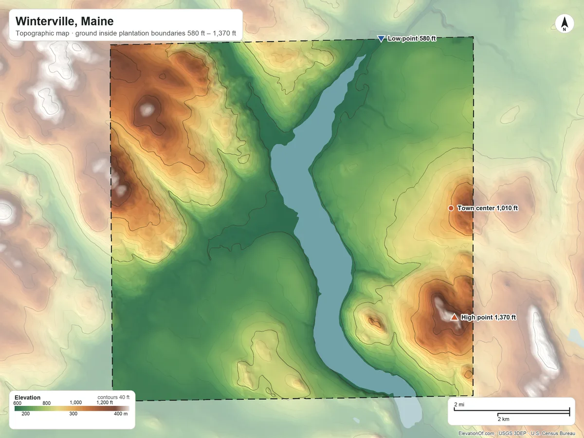 Topographic elevation map of Winterville, Maine, shaded from 580 ft on the north side to 1,370 ft on the south side