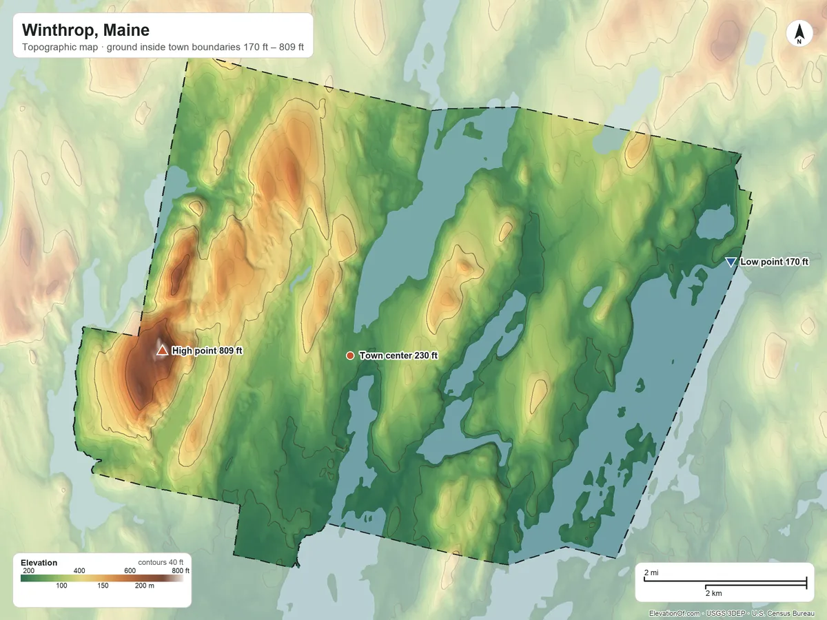 Topographic elevation map of Winthrop, Maine, shaded from 170 ft on the east side to 809 ft on Mount Pisgah