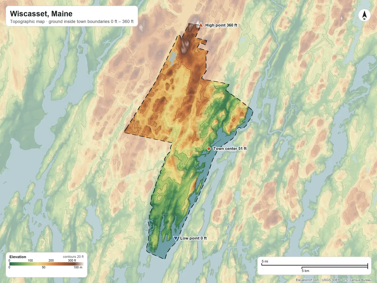 Topographic elevation map of Wiscasset, Maine, shaded from 0 ft on the south side to 360 ft on the north side