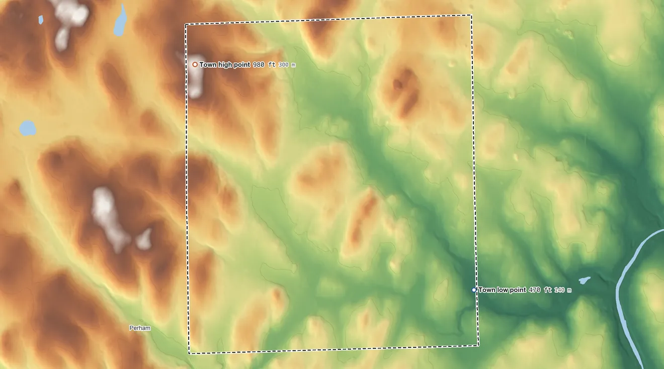 Topographic elevation map of Woodland, Maine, shaded from 470 ft on the southeast side to 980 ft on the northwest side