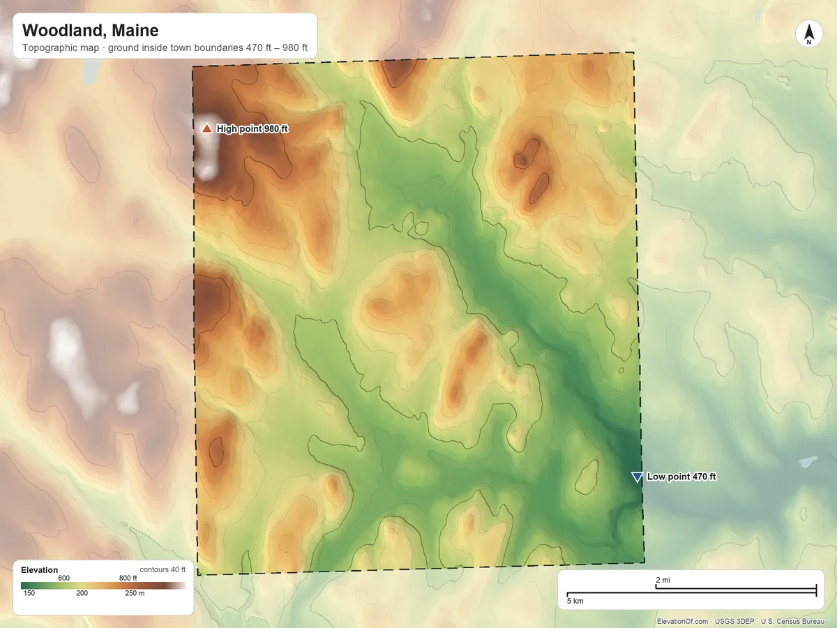 Topographic elevation map of Woodland, Maine, shaded from 470 ft on the southeast side to 980 ft on the northwest side