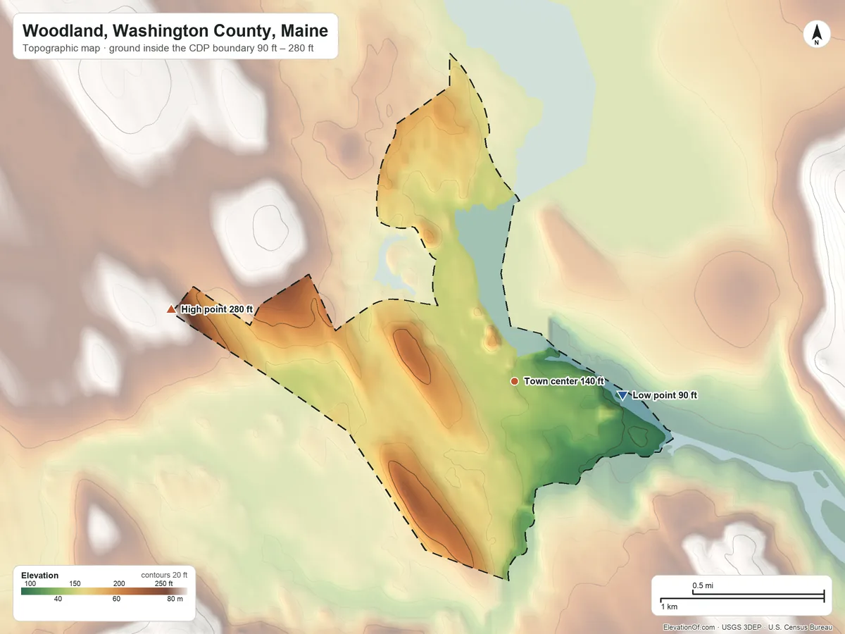 Topographic elevation map of Woodland, Washington County, Maine, shaded from 90 ft on the east side to 280 ft on the west side