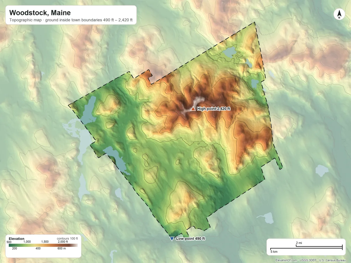 Topographic elevation map of Woodstock, Maine, shaded from 490 ft on the south side to 2,420 ft on Spruce Mountain