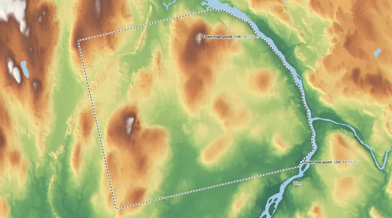 Topographic elevation map of Woodville, Maine, shaded from 180 ft on the southeast side to 590 ft on Kimble Hill