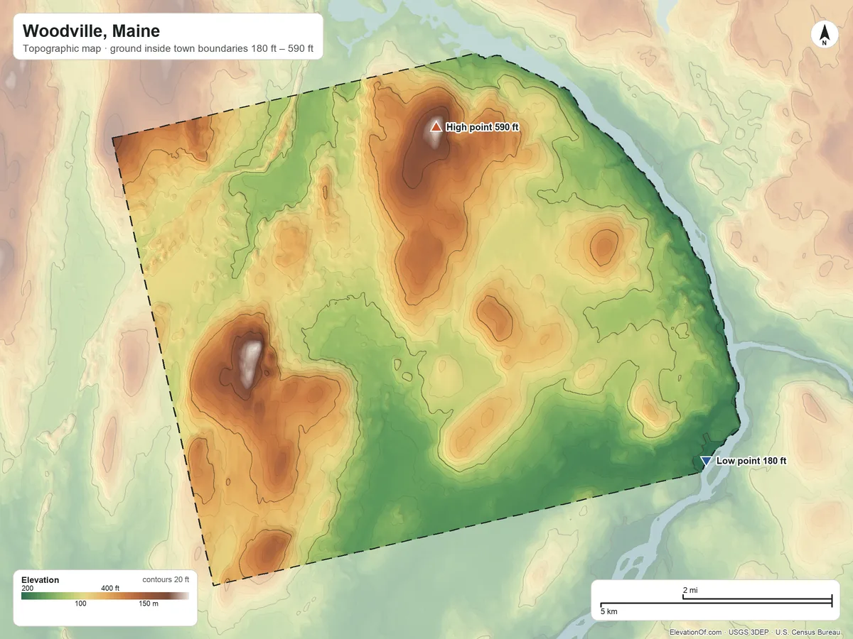 Topographic elevation map of Woodville, Maine, shaded from 180 ft on the southeast side to 590 ft on Kimble Hill