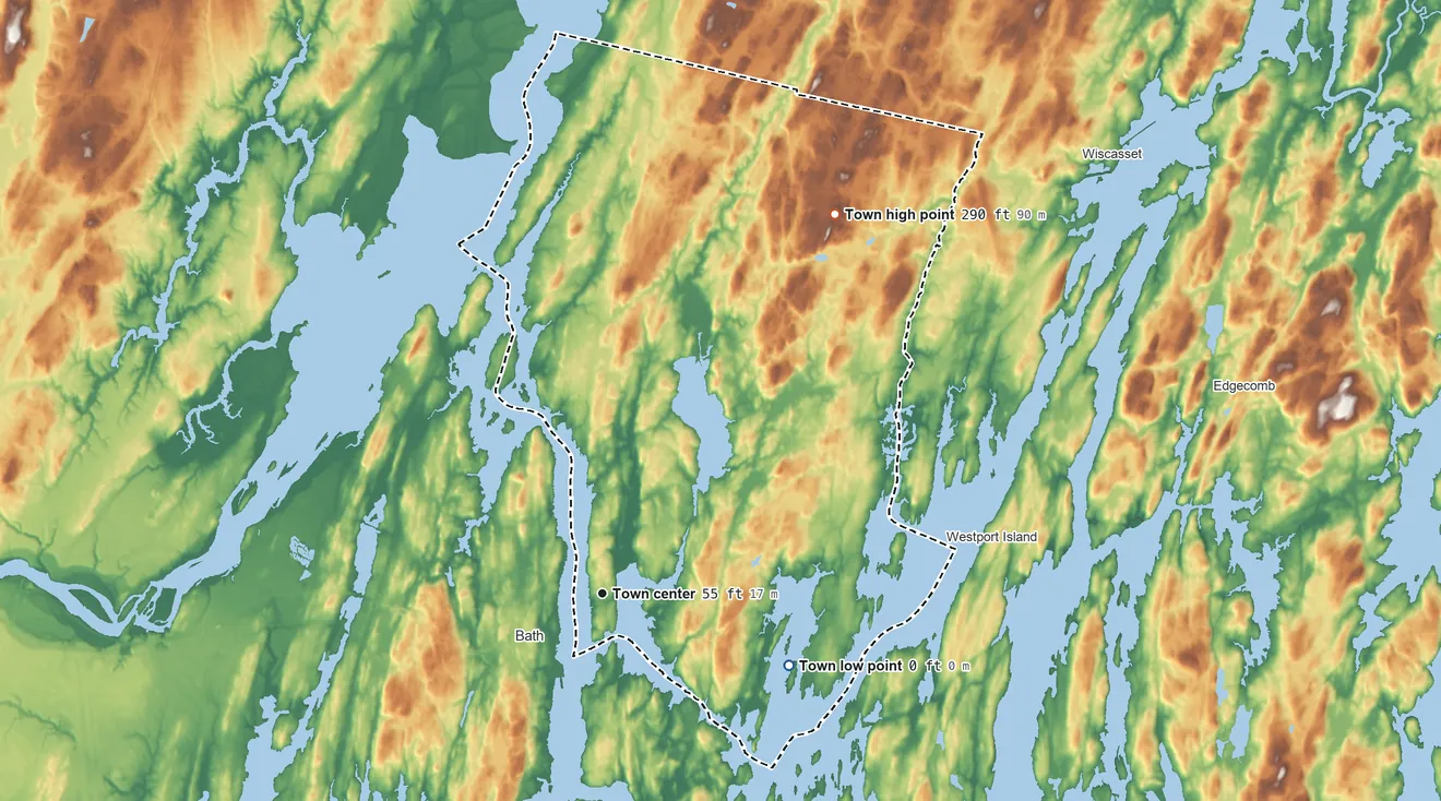 Topographic elevation map of Woolwich, Maine, shaded from sea level level on Brookings Bay to 290 ft on the northeast side