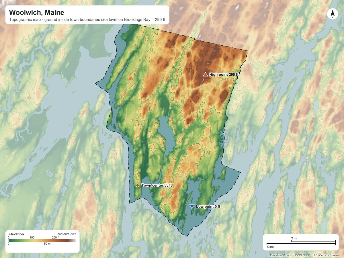 Topographic elevation map of Woolwich, Maine, shaded from sea level level on Brookings Bay to 290 ft on the northeast side