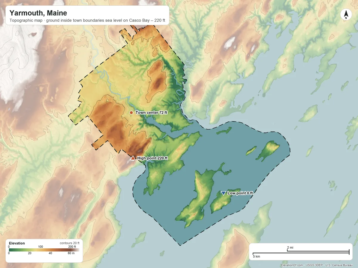 Topographic elevation map of Yarmouth, Maine, shaded from sea level level on Casco Bay to 220 ft on the south edge, below higher ground just outside