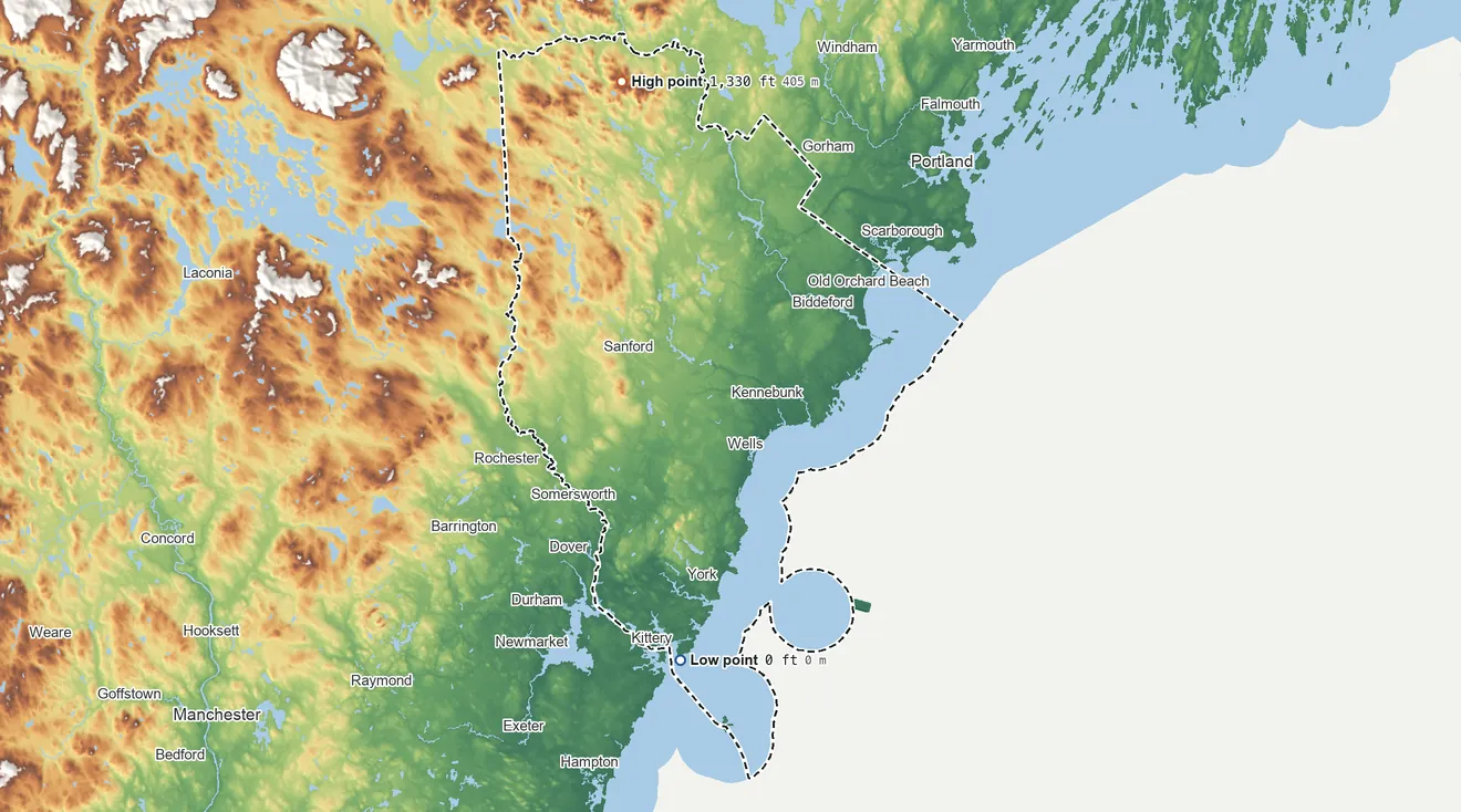 Topographic elevation map of York County, Maine, shaded from sea level on the Atlantic Ocean to 1,330 ft on Clark Mountain
