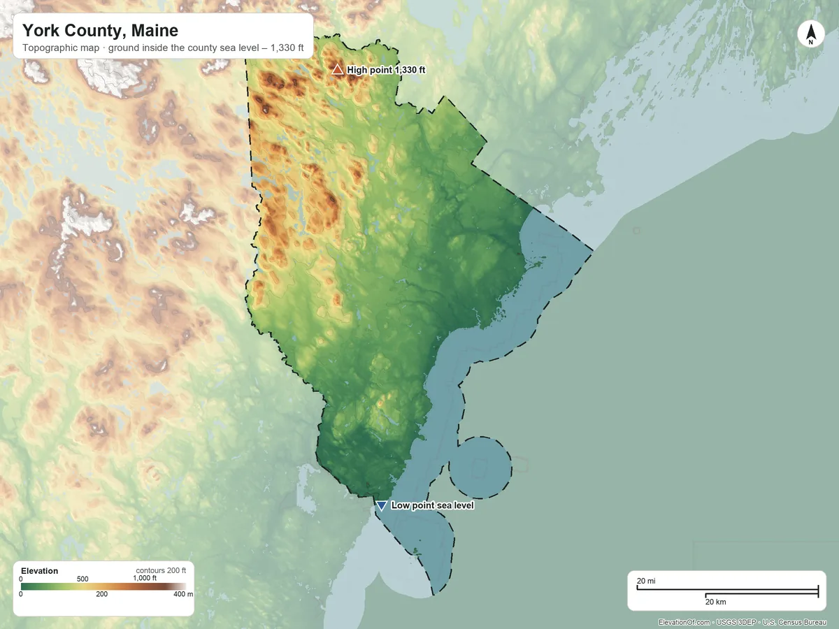 Topographic elevation map of York County, Maine, shaded from sea level on the Atlantic Ocean to 1,330 ft on Clark Mountain