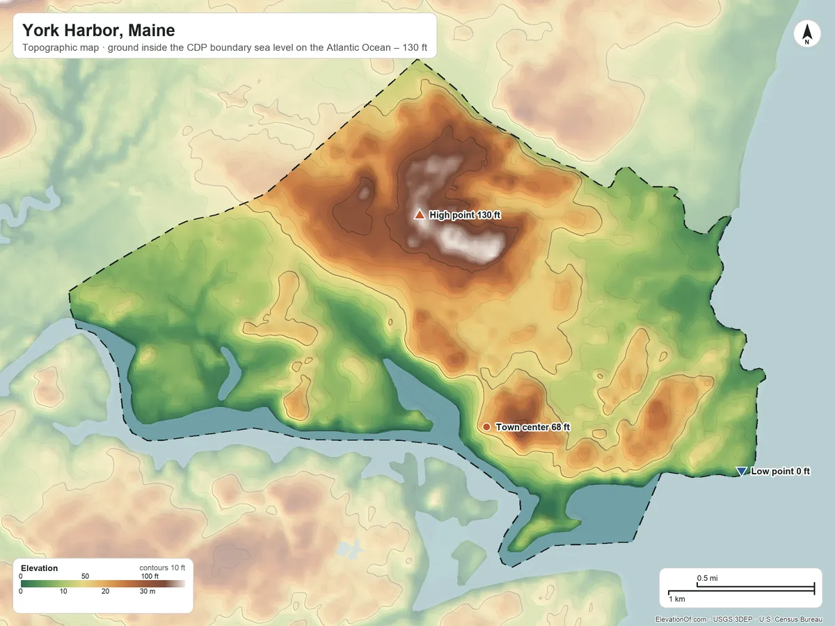 Topographic elevation map of York Harbor, Maine, shaded from sea level level on the Atlantic Ocean to 130 ft on the north side