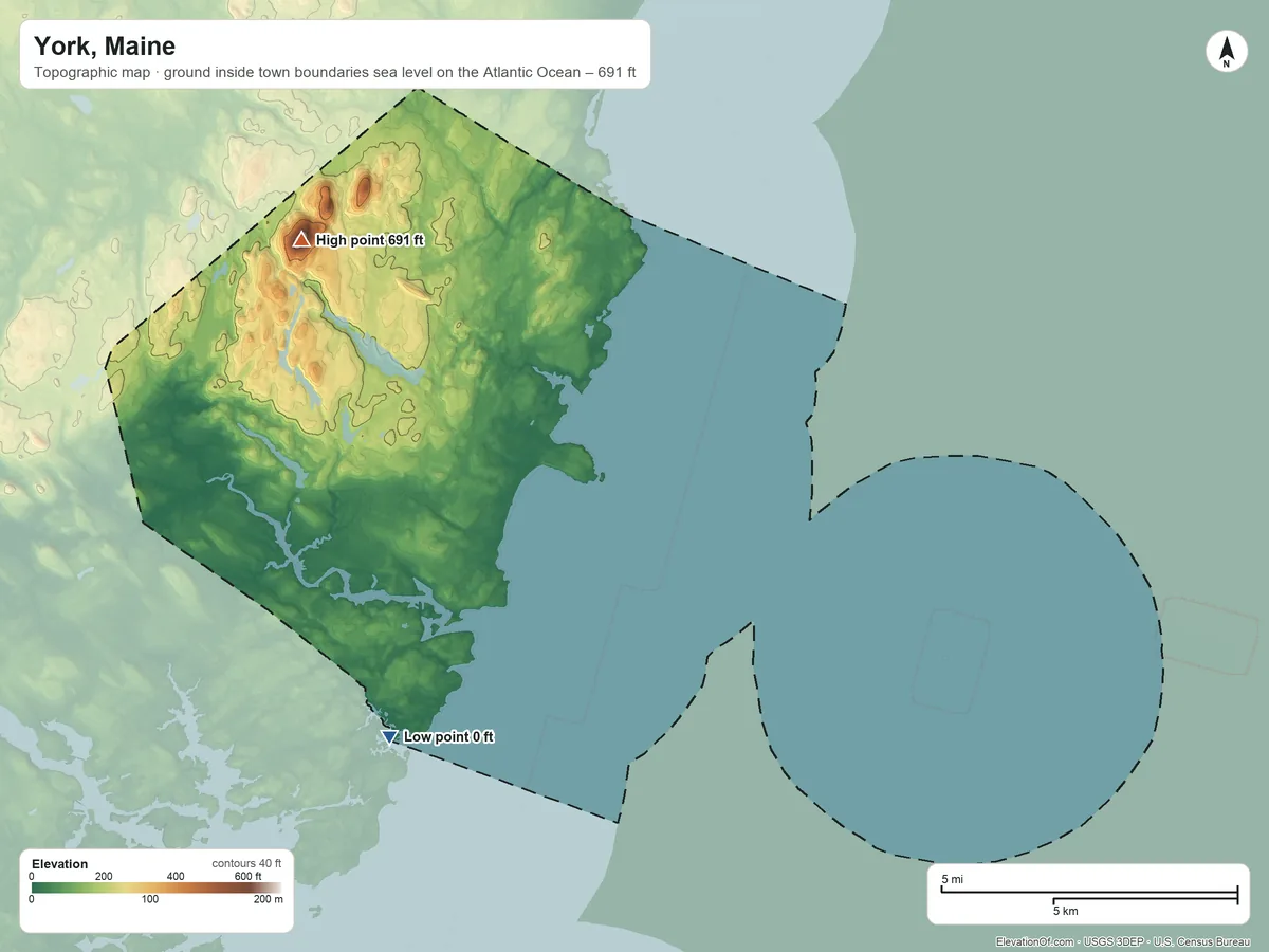 Topographic elevation map of York, Maine, shaded from sea level level on the Atlantic Ocean to 691 ft on Mount Agamenticus