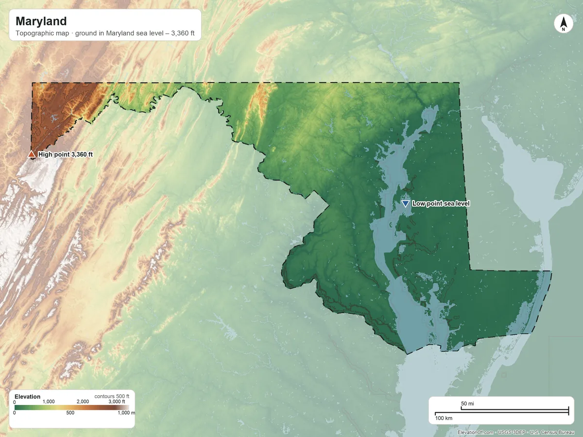 Topographic elevation map of Maryland, shaded from sea level on Eastern Bay to 3,360 ft on Hoye-Crest