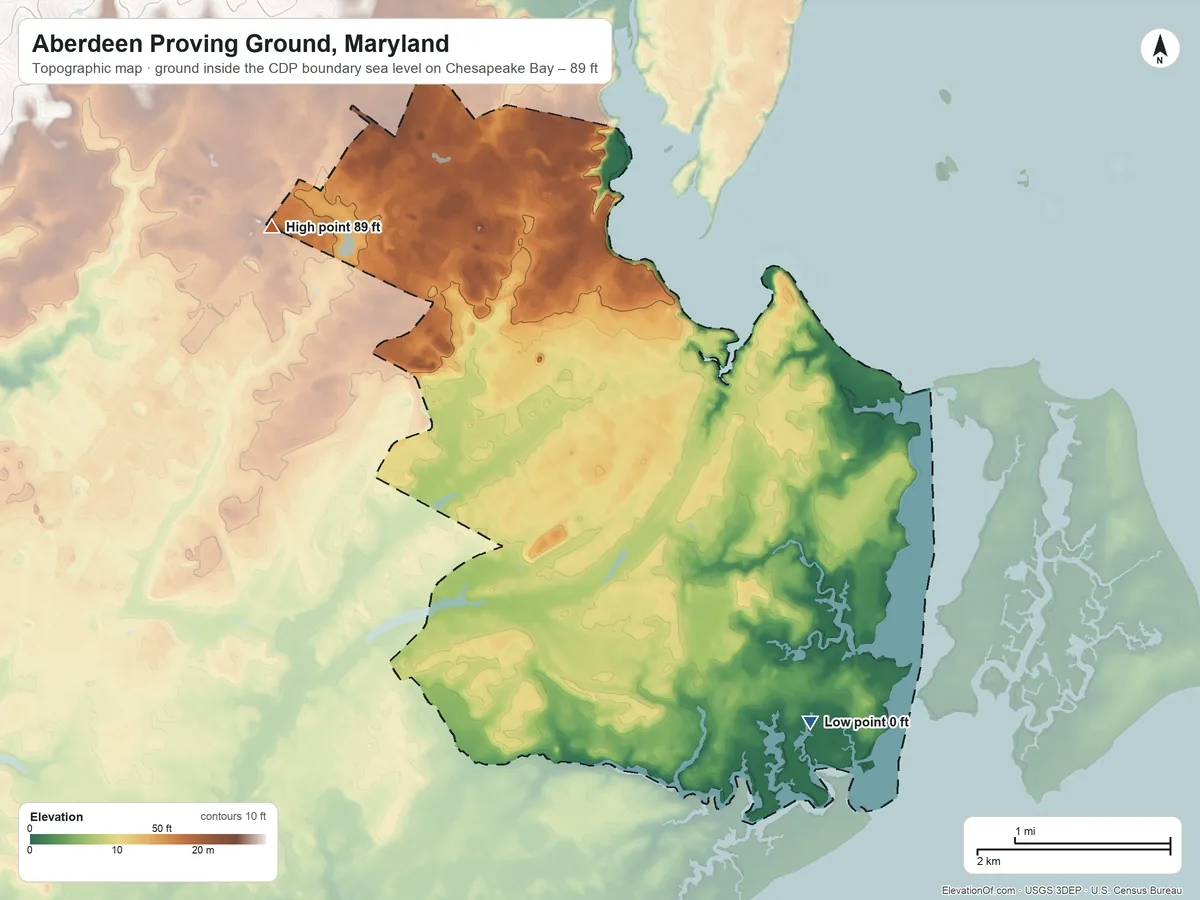 Topographic elevation map of Aberdeen Proving Ground, Maryland, shaded from sea level level on Chesapeake Bay to 89 ft on the west side