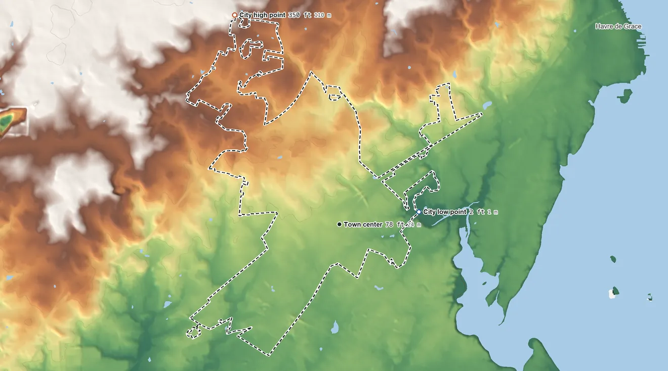 Topographic elevation map of Aberdeen, Maryland, shaded from 2 ft on the east side to 350 ft on the northwest side
