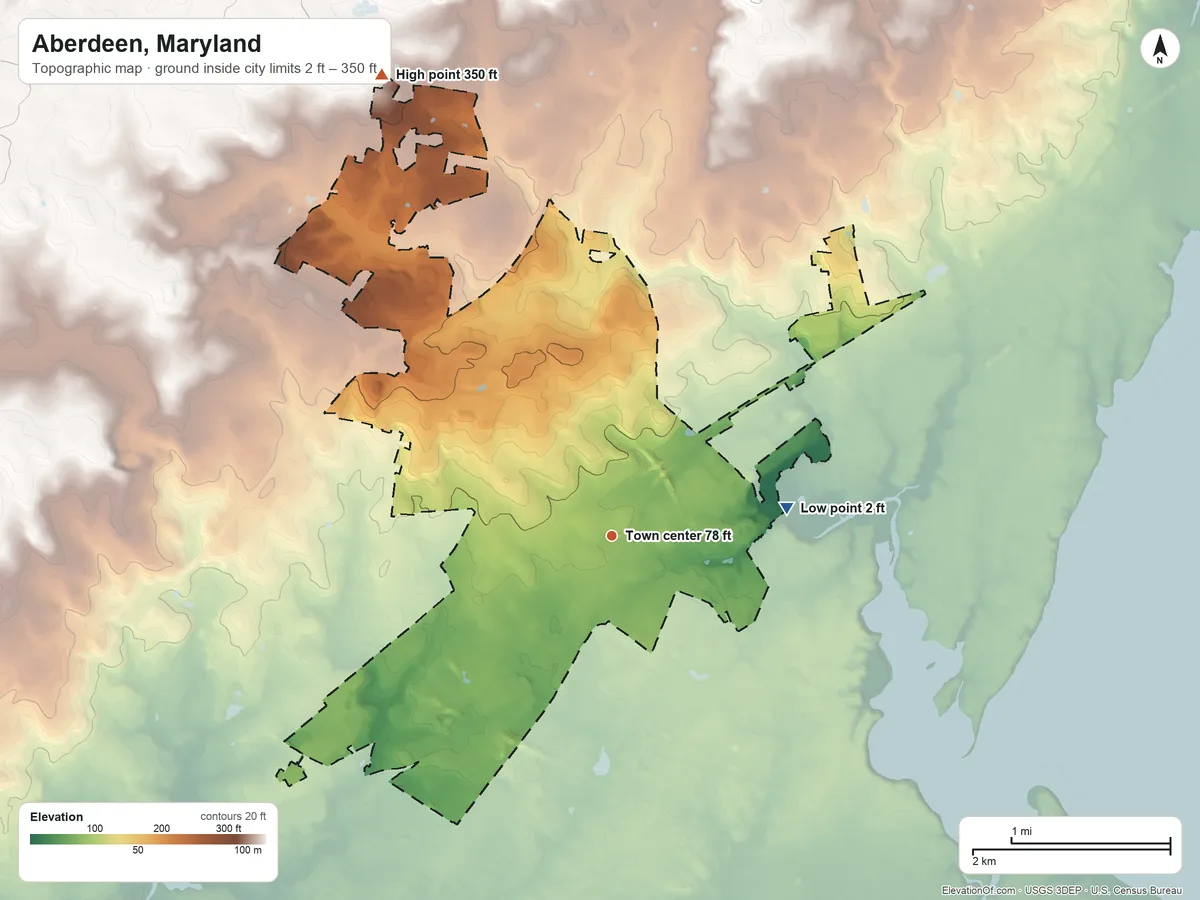 Topographic elevation map of Aberdeen, Maryland, shaded from 2 ft on the east side to 350 ft on the northwest side