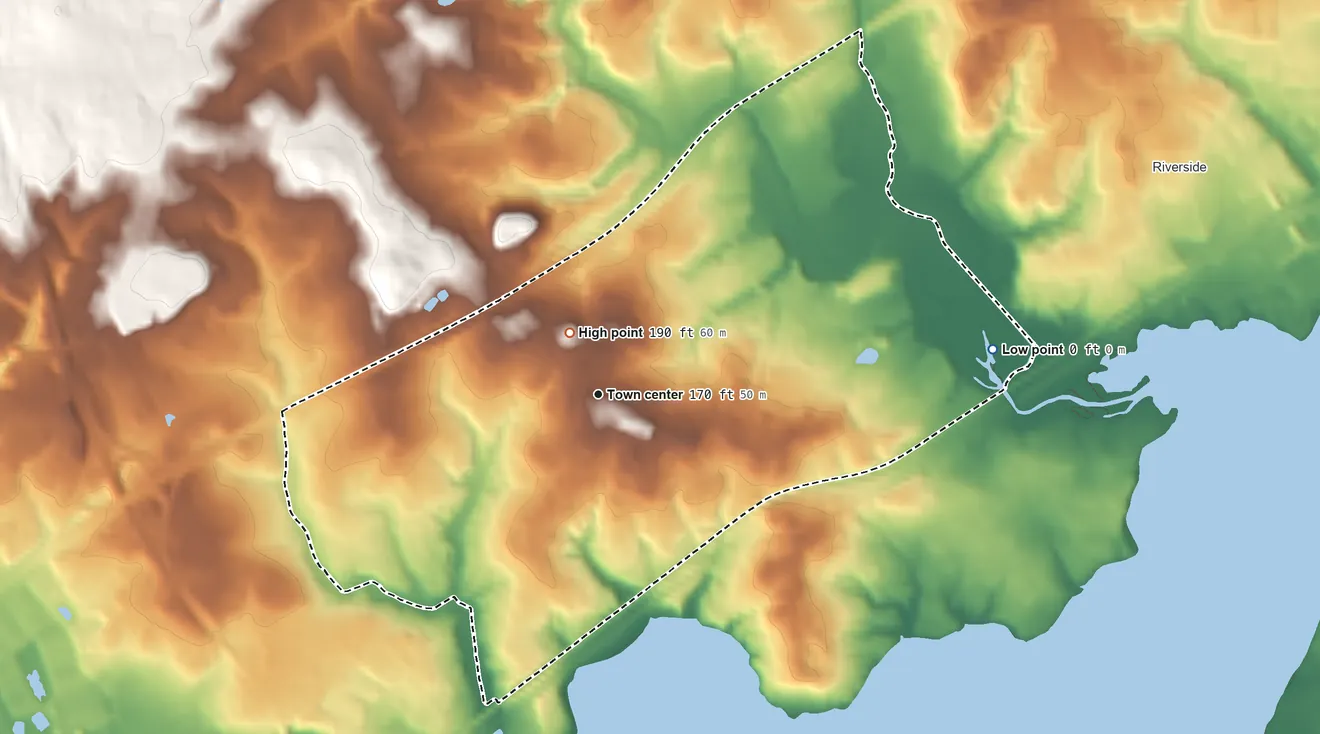 Topographic elevation map of Abingdon, Maryland, shaded from 0 ft on the east side to 190 ft near the middle