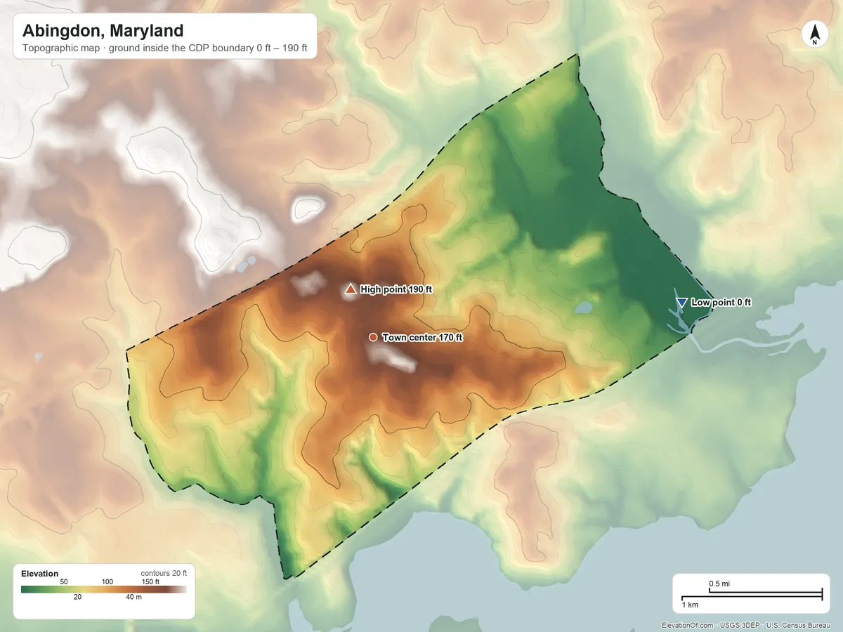 Topographic elevation map of Abingdon, Maryland, shaded from 0 ft on the east side to 190 ft near the middle