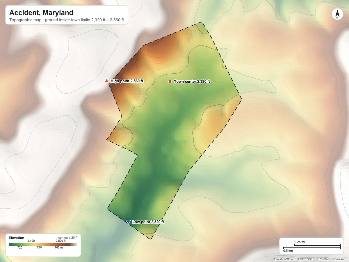 Topographic elevation map of Accident, Maryland, shaded from 2,320 ft on the south side to 2,560 ft on the west edge, below higher ground just outside