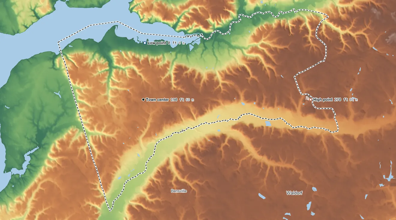 Topographic elevation map of Accokeek, Maryland, shaded from 0 ft on the north side to 270 ft on the east side