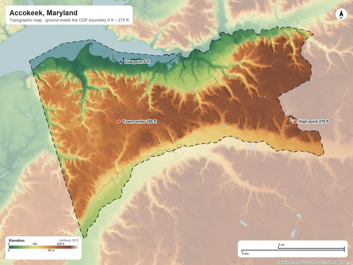 Topographic elevation map of Accokeek, Maryland, shaded from 0 ft on the north side to 270 ft on the east side