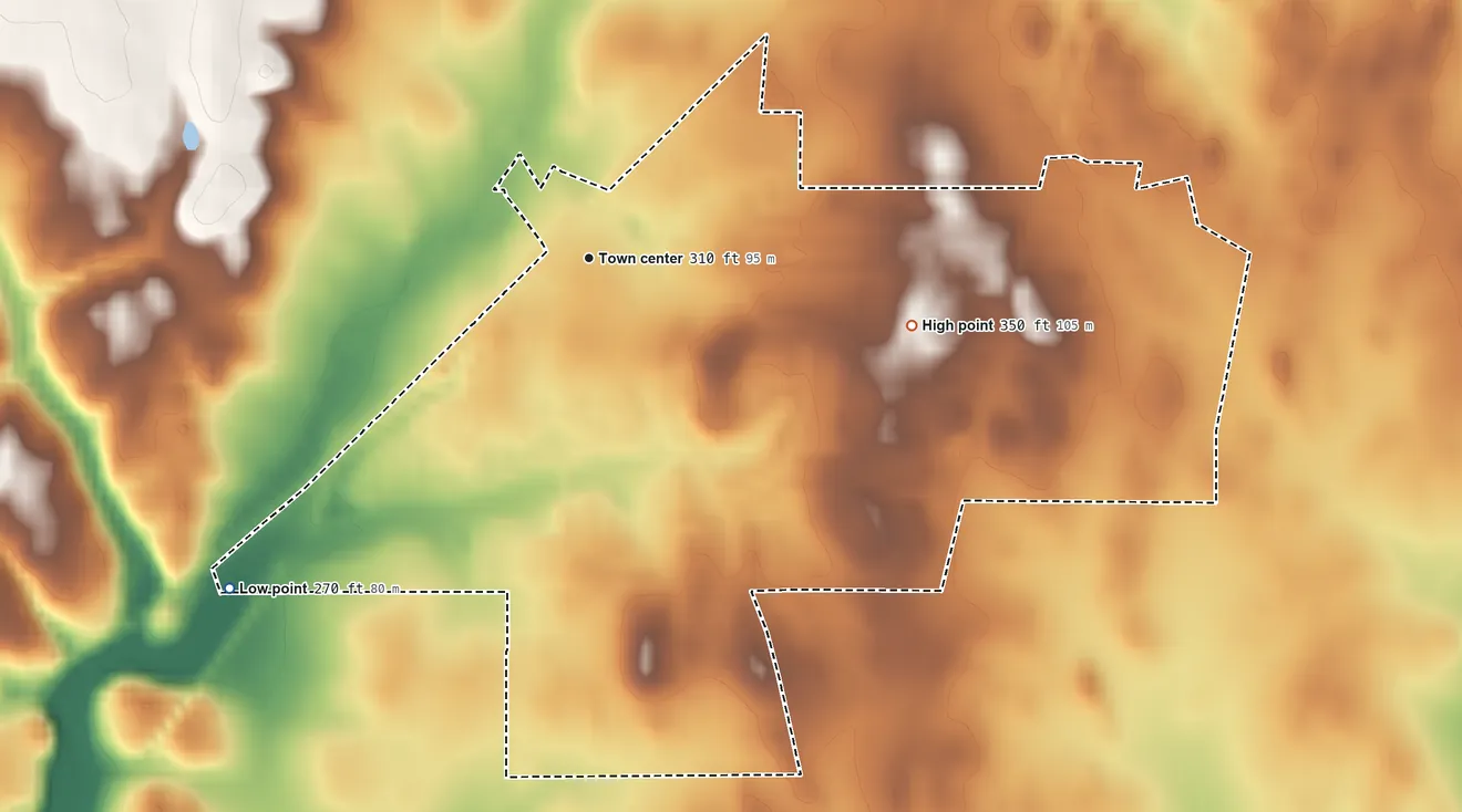 Topographic elevation map of Adamstown, Maryland, shaded from 270 ft on the southwest side to 350 ft on the east side