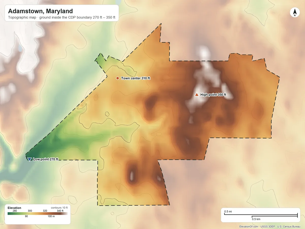 Topographic elevation map of Adamstown, Maryland, shaded from 270 ft on the southwest side to 350 ft on the east side