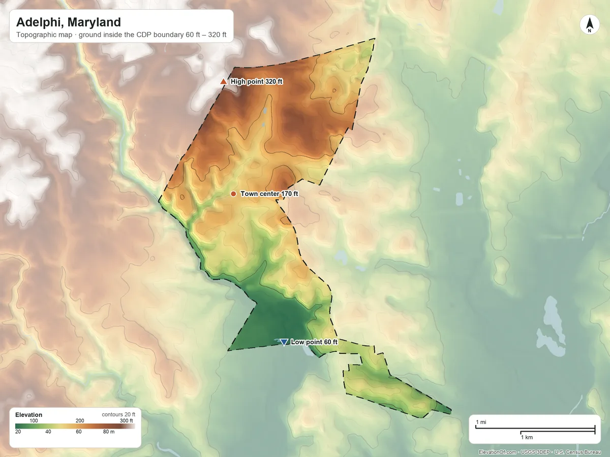 Topographic elevation map of Adelphi, Maryland, shaded from 60 ft on the south side to 320 ft on the north side