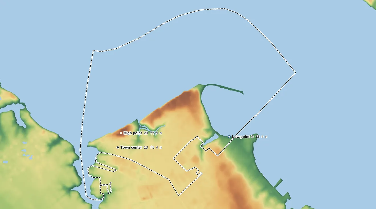 Topographic elevation map of Algonquin, Maryland, shaded from 0 ft on the east side to 29 ft near the middle