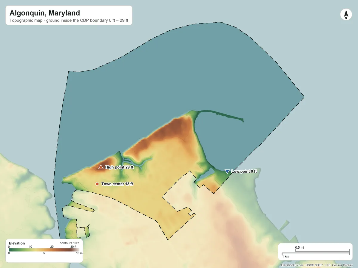 Topographic elevation map of Algonquin, Maryland, shaded from 0 ft on the east side to 29 ft near the middle
