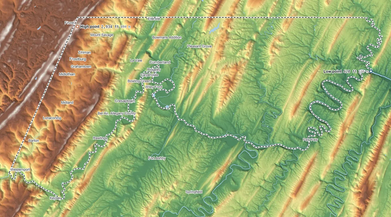 Topographic elevation map of Allegany County, Maryland, shaded from 420 ft on the east side to 2,934 ft on Sampson Rock