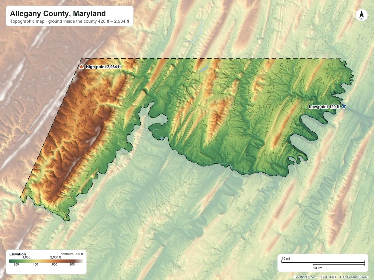 Topographic elevation map of Allegany County, Maryland, shaded from 420 ft on the east side to 2,934 ft on Sampson Rock
