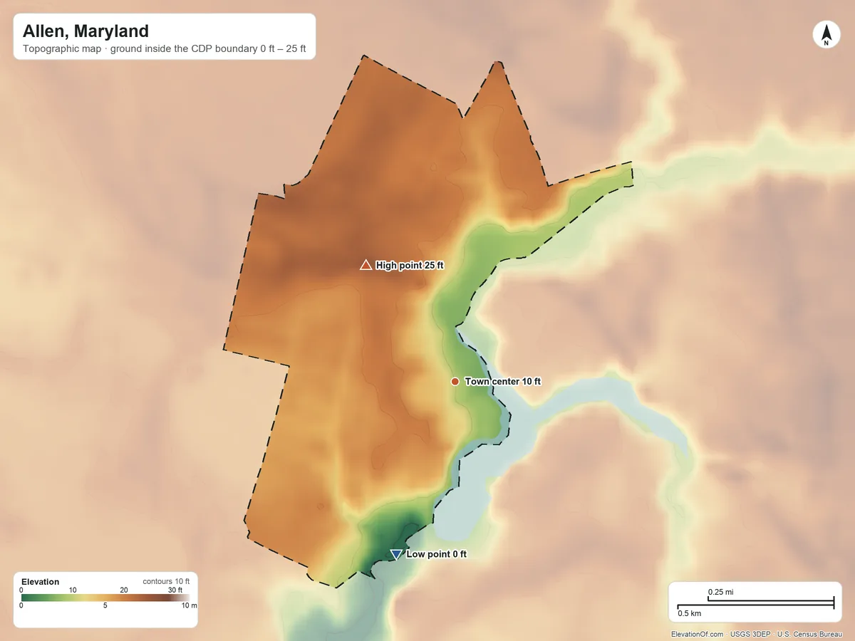 Topographic elevation map of Allen, Maryland, shaded from 0 ft on the south side to 25 ft on the northwest side