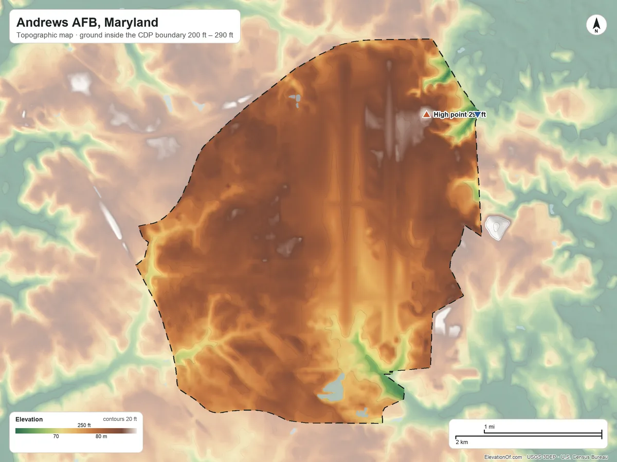 Topographic elevation map of Andrews AFB, Maryland, shaded from 200 ft on the northeast side to 290 ft on the northeast side