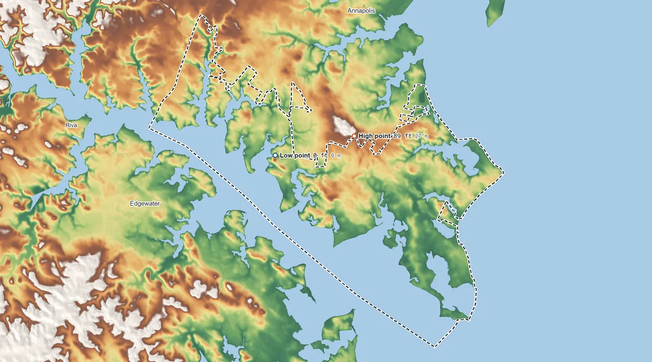 Topographic elevation map of Annapolis Neck, Maryland, shaded from 0 ft on the west side to 89 ft on the northwest side
