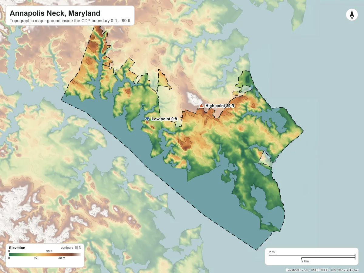 Topographic elevation map of Annapolis Neck, Maryland, shaded from 0 ft on the west side to 89 ft on the northwest side