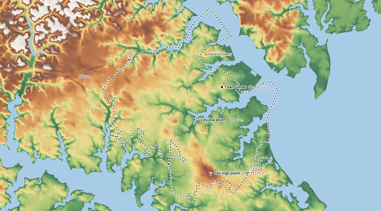 Topographic elevation map of Annapolis, Maryland, shaded from 0 ft on the southwest side to 120 ft on the south side
