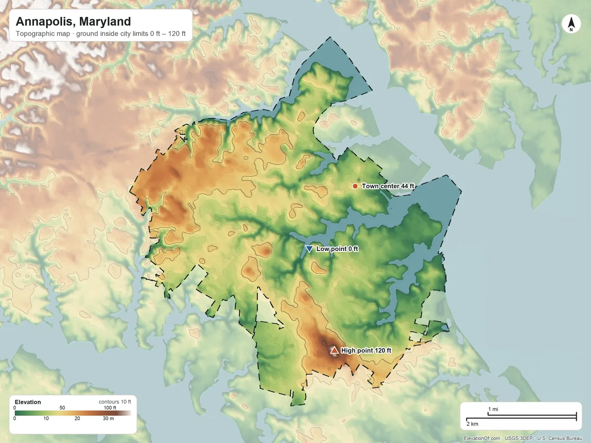 Topographic elevation map of Annapolis, Maryland, shaded from 0 ft on the southwest side to 120 ft on the south side