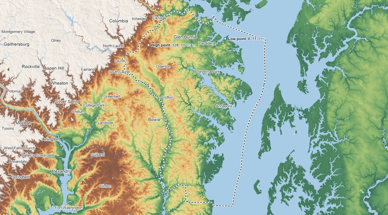Topographic elevation map of Anne Arundel County, Maryland, shaded from sea level on Chesapeake Bay to 320 ft on the northwest side